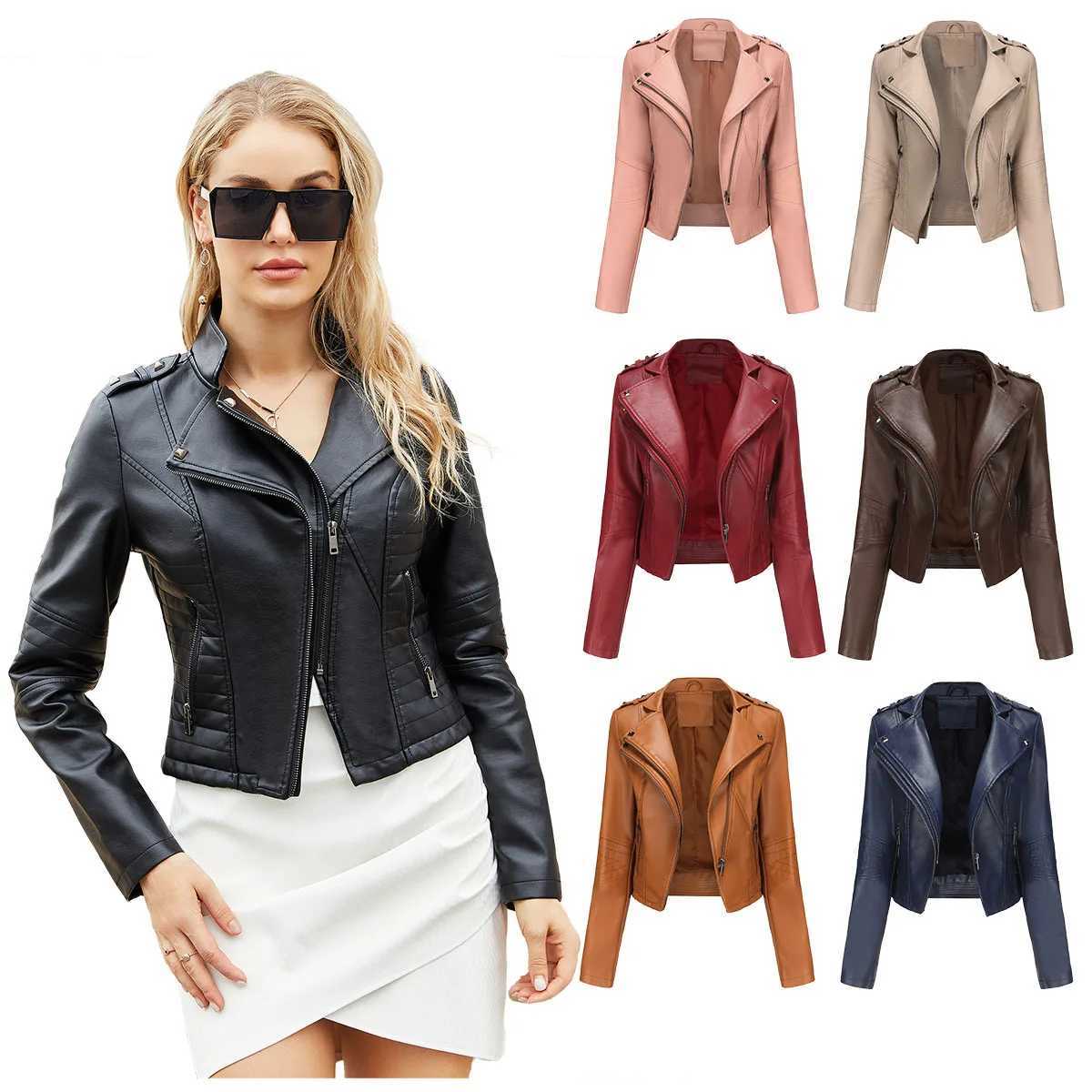YJKDYK 2024 Spring Autumn Womens Leather Coat Female Pure Color Lapel Rivet Short Jacket Zipper Leather Jacket Womens ClothingX240920