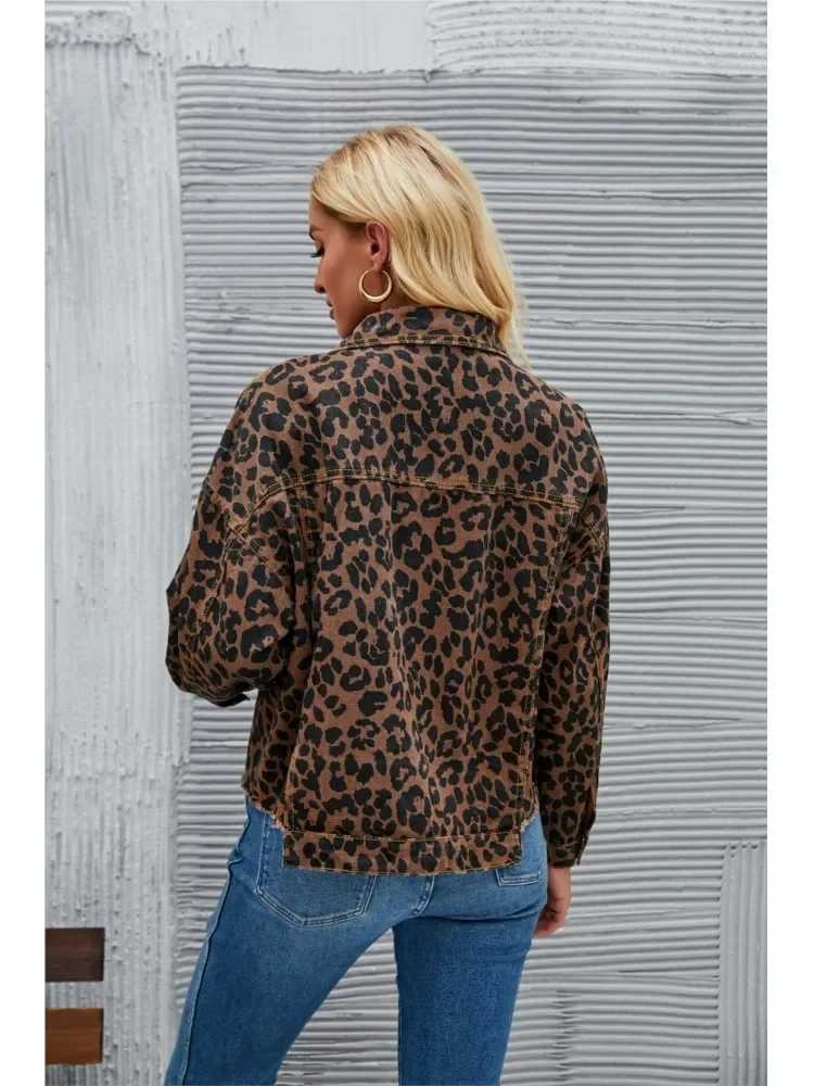 Denim Autumn Leopard Print Jackets Coats Women Casual Fashion Irregular Ladies Cropped Jackets Long Sleeve Loose Woman Coat 2023X240920