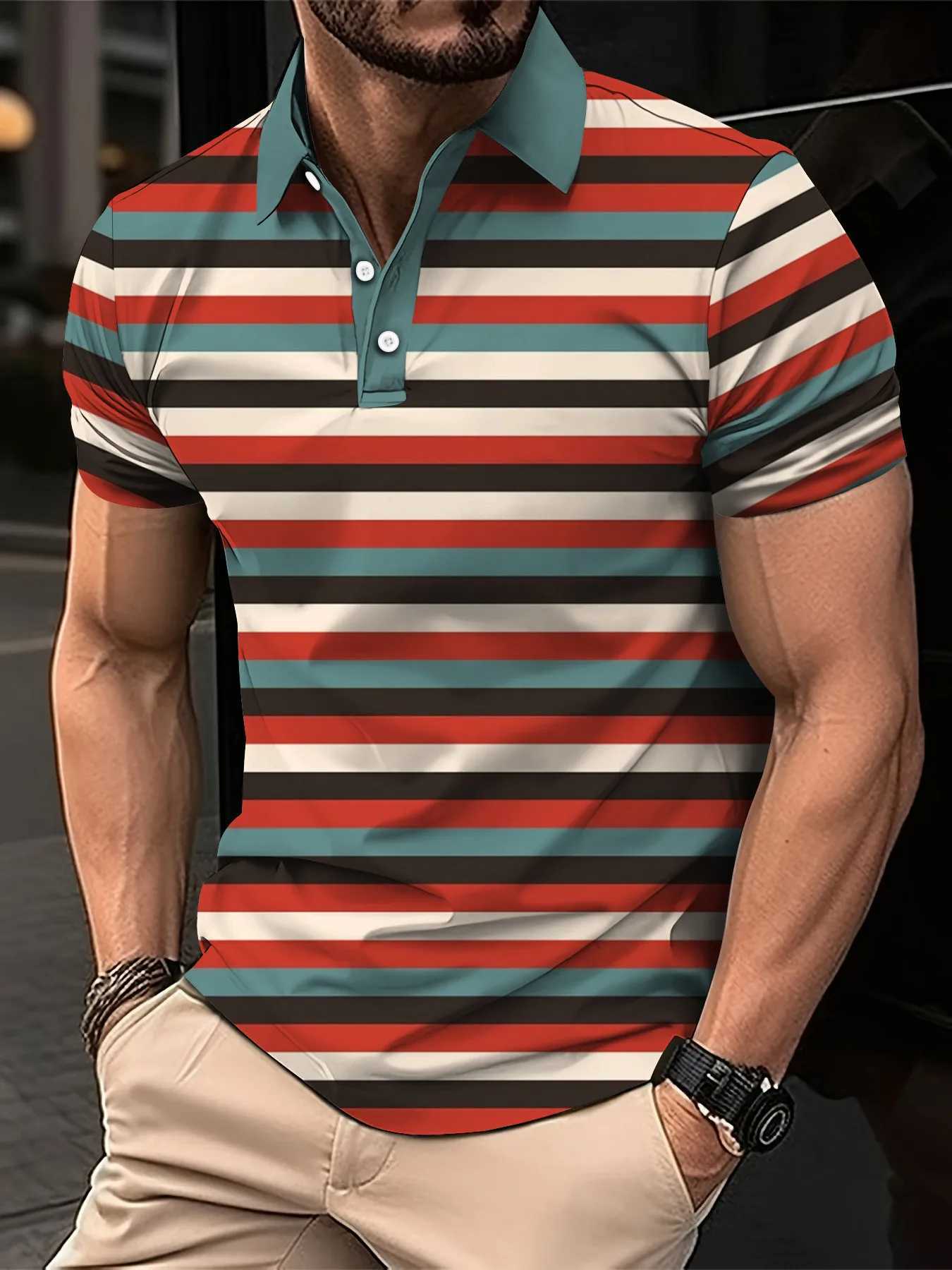 2024 New Mens Summer Short Clothes Sleeved Lapel 3D Digital Printed Striped Polo Shirt Mens Business Casual Top ClothesX240920