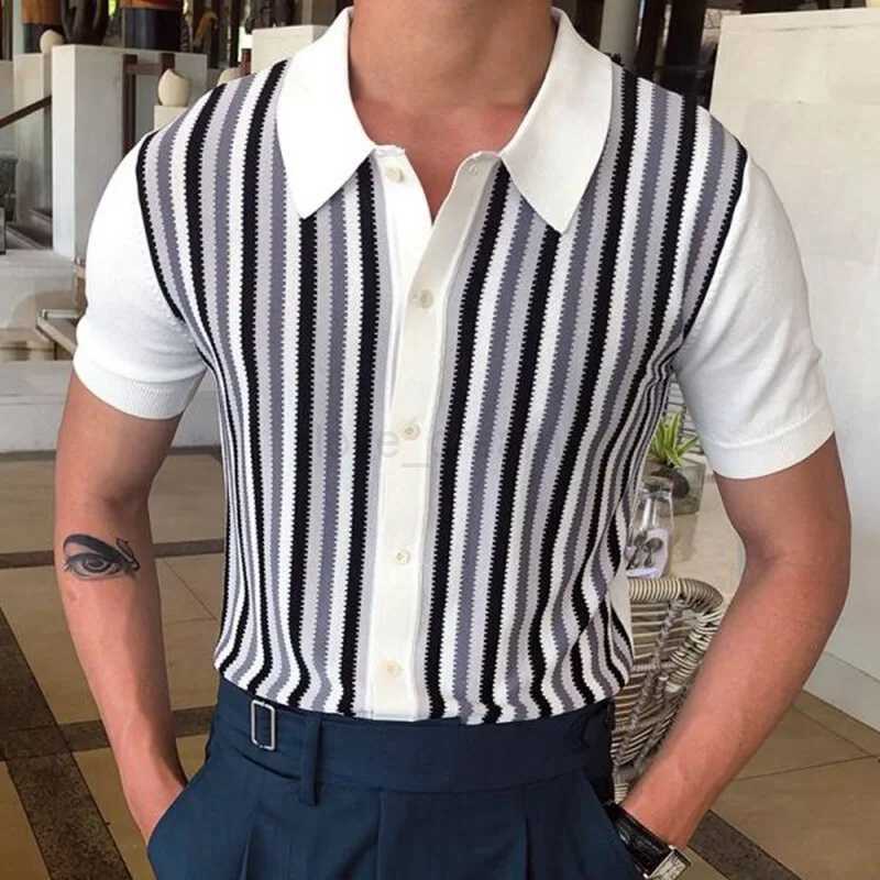 Summer Clothing Mens Luxury Knitted Short Sleeve Polo Shirt Retro Lapel Button-down Patchwork Fashion Business Leisure KnitwearXJ240920
