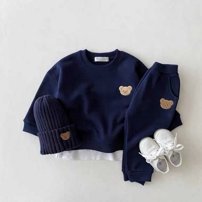 Korean version of spring and autumn cotton cute teddy bear round neck hoodie sports pants casual set for boys and girls M240920