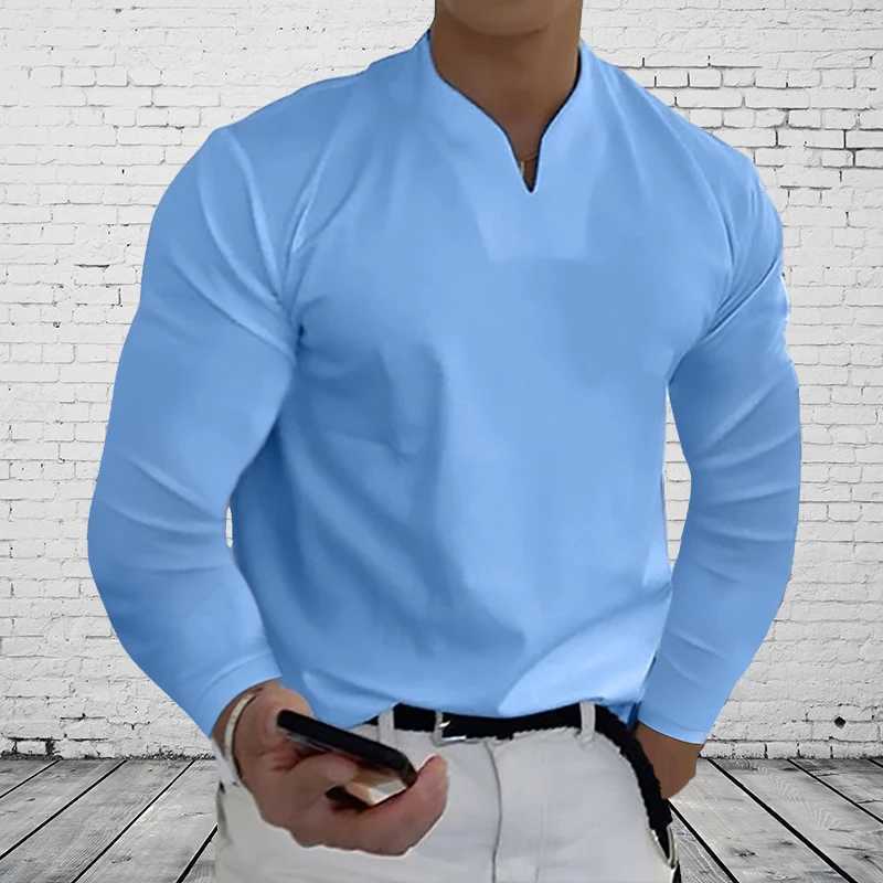 Mens Long Sleeve Shirts Casual Basic Solid Color V-Neck Clothes Comfortable Mens Work TopsX240919