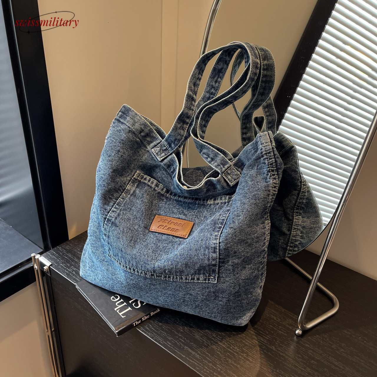 Korean Dongdaemun Lazy Denim 2024 New Emed Letter Texture Single Shoulder Tote Bag #25 Swissmilitary