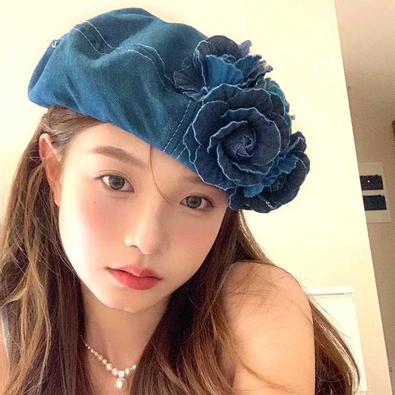 Fashion Flower Denim Beret Hats for Women Girls Spring Summer Sweet Cowboy Cap Korean Casual Artist Painter Caps 2024 NewX240919
