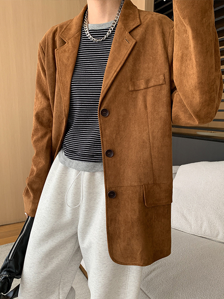 Casual Suede Leather Women's Coat Brown Loose Lapel Single Breasted Pockets Long Sleeve Jacket 2024 Autumn Female Street Outwear