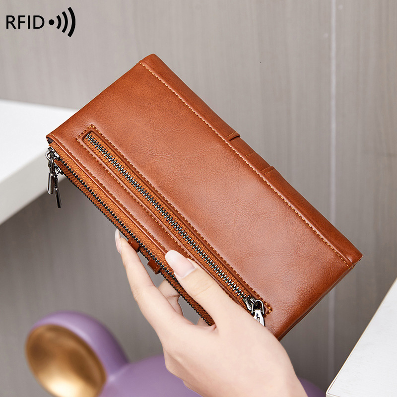 2024 New Anti Magnetic Money Clip Oil Wax Leather Handheld Bag Multi functional Women's Long Wallet