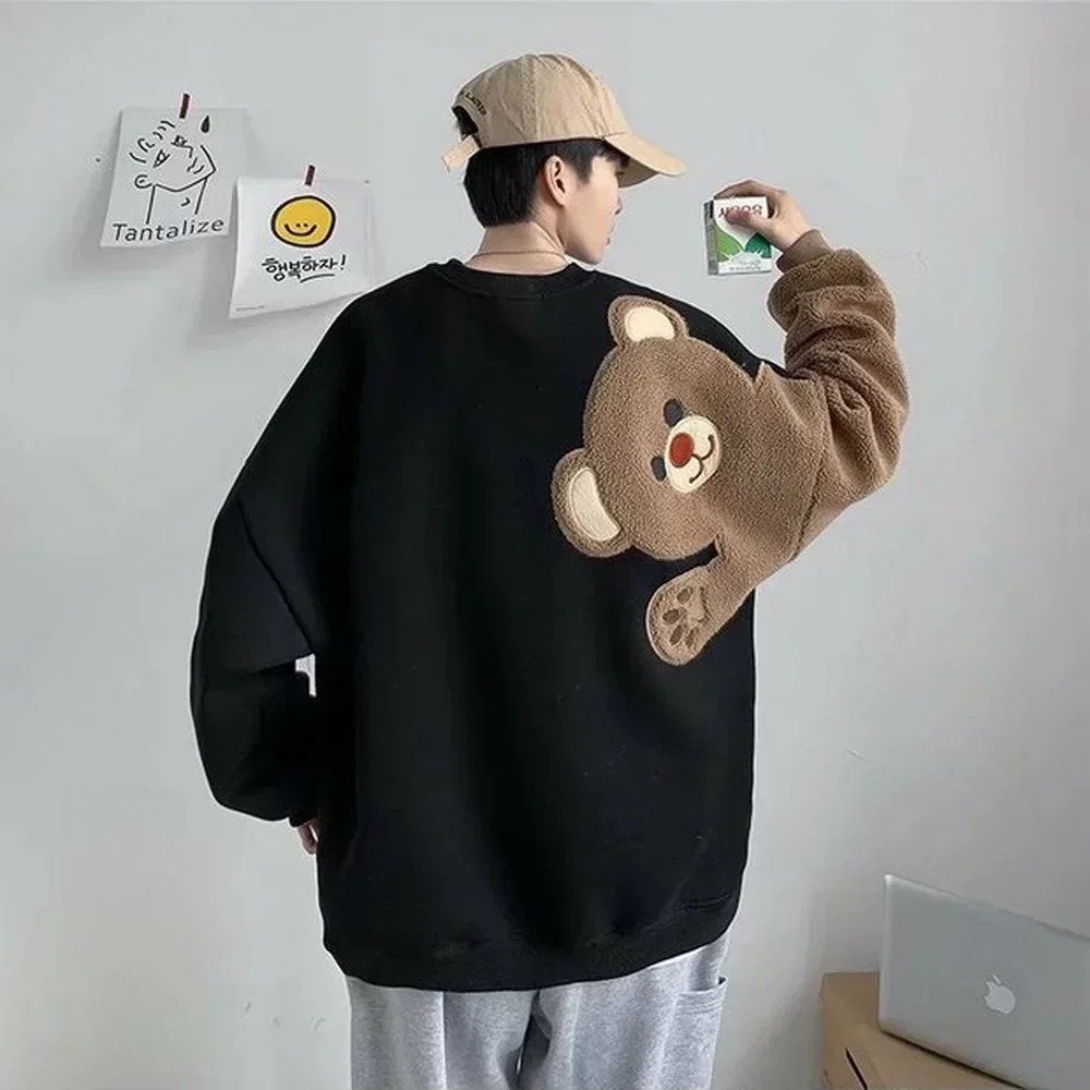 Haruku Designed Bear Pattern Streetwear Clothes Fashion Clothing Long Sleeve Shirts Casual Sweatshirts Men Top