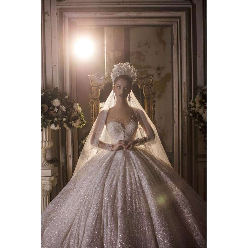 Pearls Elegant Wedding Dresses Sequins Long Sleeves Bridal Gowns Or Length Vestido De Novia