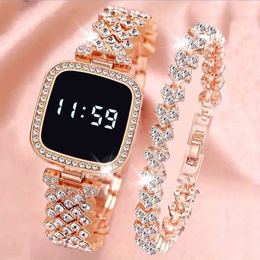 Women Digital Watch Set FREE Bracelet Square LED Ladies Watch Alloy Student Girl Touch Fashion Electronic Womens WatchX240920