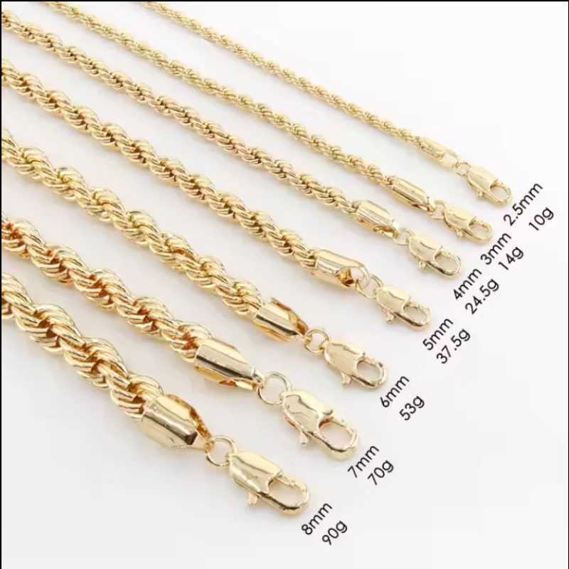 Hip Hop Non Tarnish 2.5MM 3MM 4MM 5MM 8MM PVD 18K Gold Plated Twist Rope Link Necklace Copper Brass Chain JewelryX240919