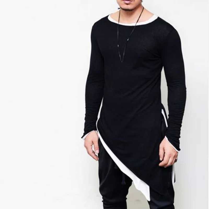 Men asymmetrical design punk hip hop long sleeve t shirt side split long tee shirts mens casual vintage streetwear gothic topsX240919