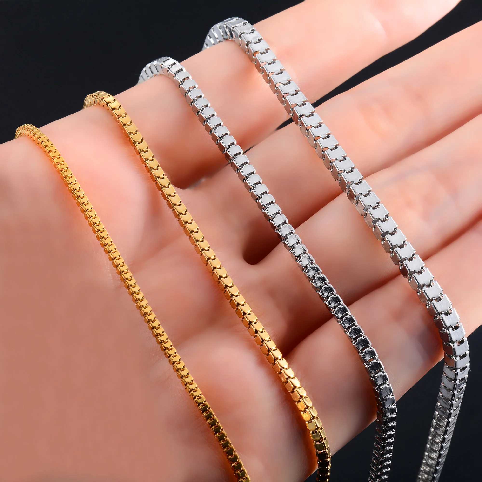 Men Square Box Chain Stainless Steel Long Necklace for Women Ladies Gold/Silver Color Choker on the Neck Jewelry AccessoriesX240919