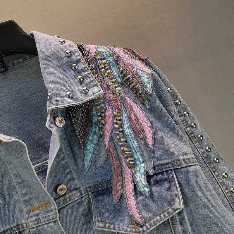 2024 New AutumnFashion Rivet Woman Denim Jacket Long Sleeve Female Jackets Jeans Coat Beading Tassel Denim Coat OuterwearX240920