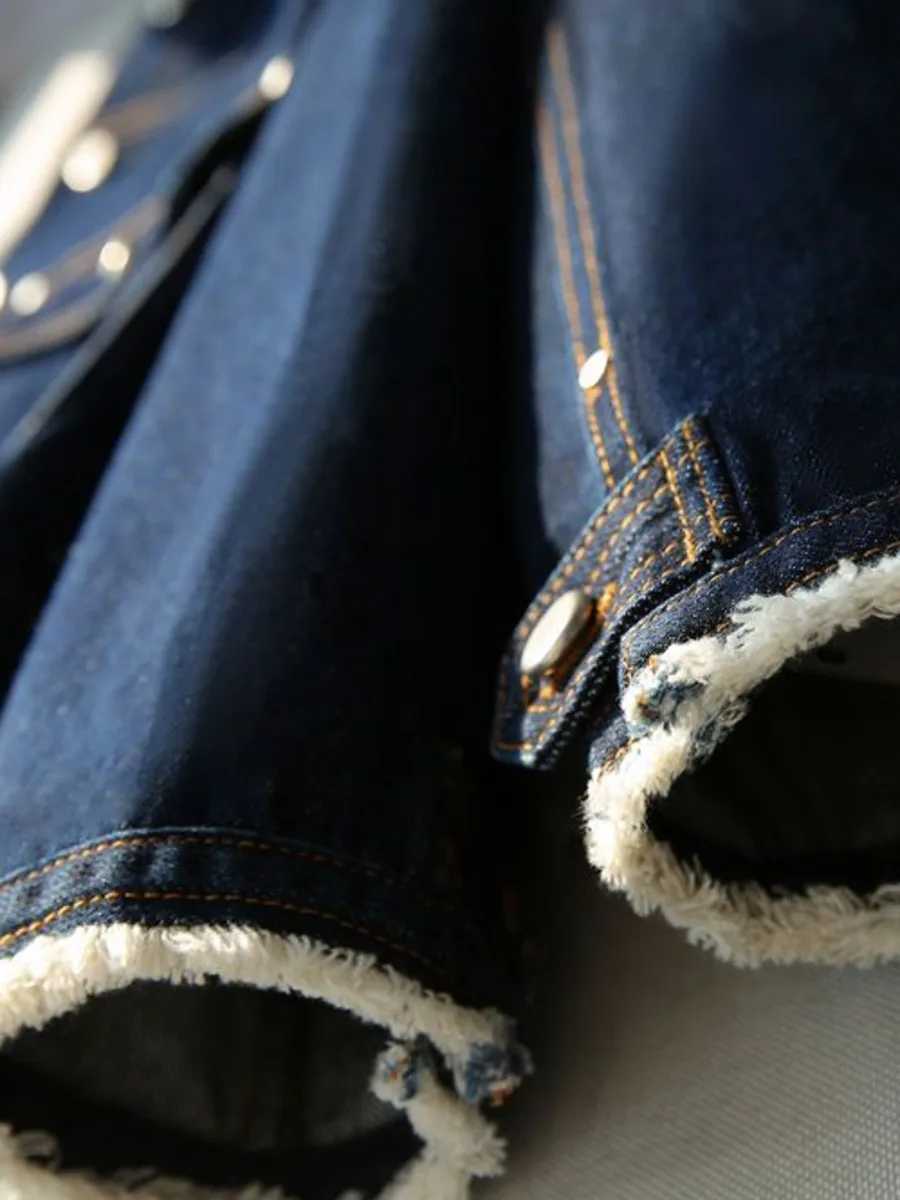 Women Retro Short Denim Jacket 2024 Deep Blue Spring Autumn Rough Edge Casual Long Sleeved Single Breasted Streetwear TopX240920