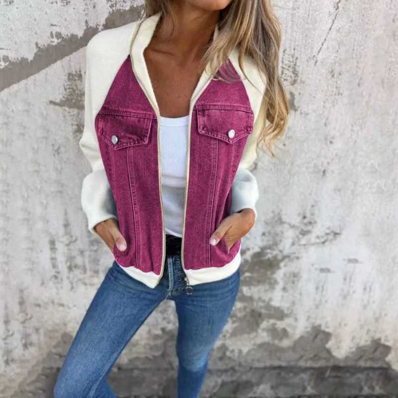 Women Autumn Winter Denim Stitching Jackets Ladies Casual Long Sleeve Zipper Outerwears CoatsX240920