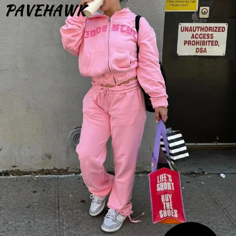Women 2 Piece Sets Cropped Hoodies Sweatpant Casual Long Sleeve Zipper Jackets Print Hip Hop Sweatshirts Sport Y2K Tracksuit 240920