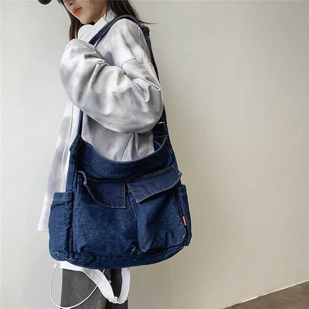 Denim Crossbody Bags for Women Japanese Style Unisex Casual Pocket Books School Bag Students Shoulder Large Jeans 240920