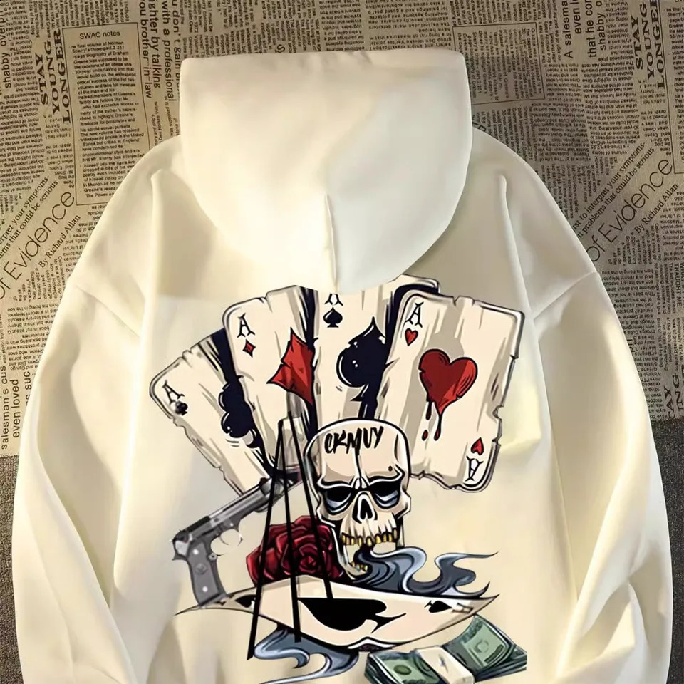 Trend Poker Skull Printing Europe and America Hip Hop y2k Hoodies Mens Sweatshirts Autumn Oversized Long Sleeves Street Tops 240912
