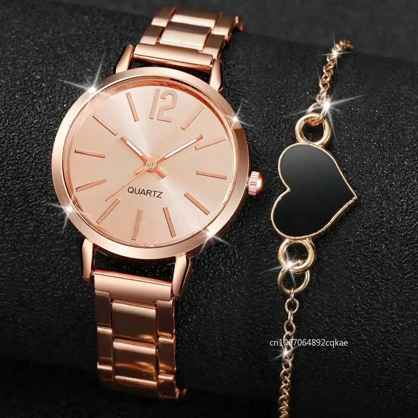 2pcs Business Fashion Quartz Watch Elegant Golden Wrist Watch Heart Charm Bracelet Set Simple Ladies Watches Relojes Para MujerX240920