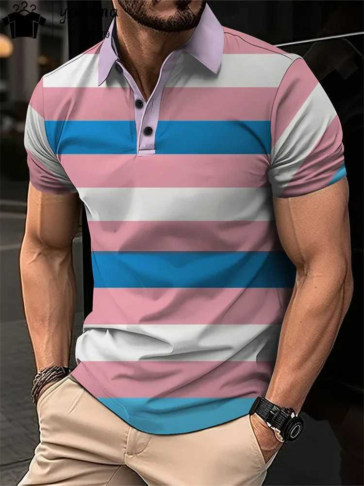 Mens Summer Short Clothes Sleeved Lapel 3d Printed T-Shirt Digital Striped Polo Shirt Mens Business Casual Fashion Top ClothesX240920