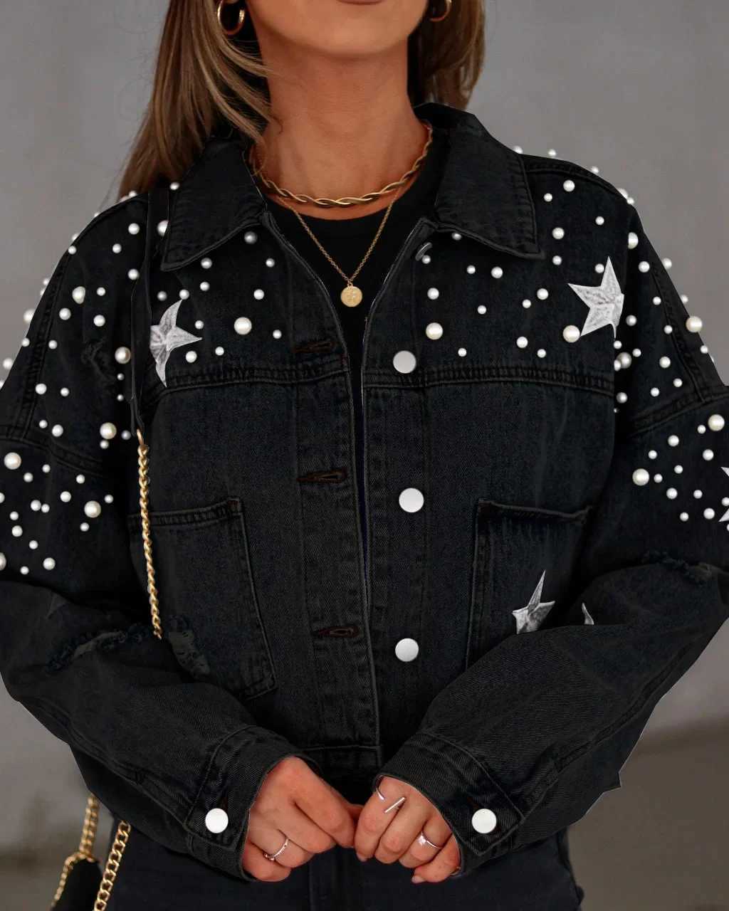 Denim Jacket Single Breasted Beaded Long Sleeve Solid Cardigan Faux Pearl 2023 Spring Autumn CoatX240920