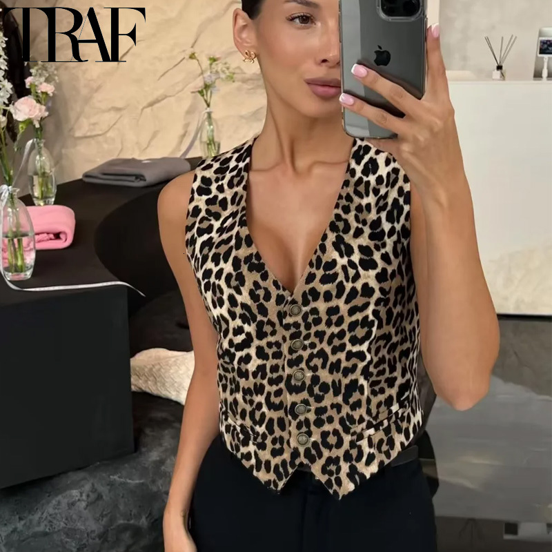 TRAF Leopard Women Vintage Sleeveless Woman Outerwears Animal Print Cropped Suit Vest V Neck Waistcoat Short Coats