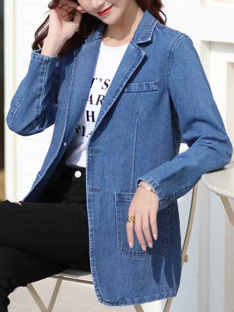 Fashion Denim Jacket Lapel Single Breasted Denim Jacket Lady Vintage Casual Pockets Solid Color Jean Blazer Spring Autumn WomenX240920