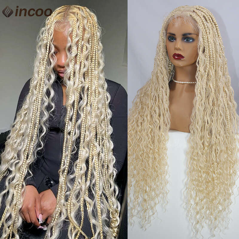 613 Blonde Bohemian Box Braids Full Lace Front Wigs Knotless With Curly Synthetic Hair Goddess Locs Braided Wig