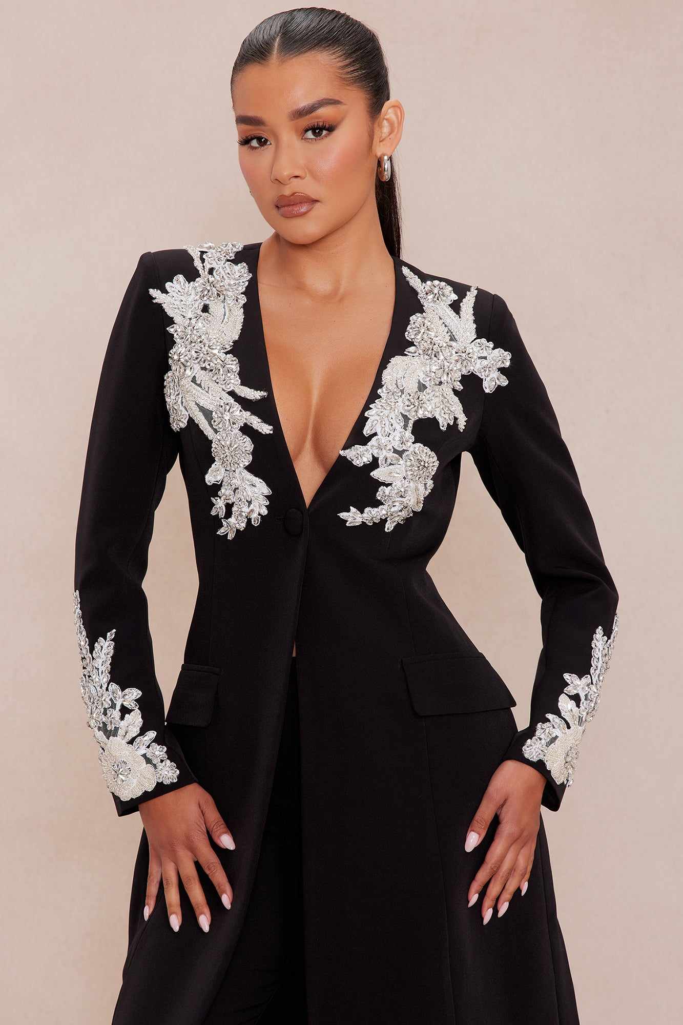 Crystal Appliques Women Pants Suits Formal Birthday Party Evening Guest Wear Long Jacket Blazer 2 Pieces Custom Made