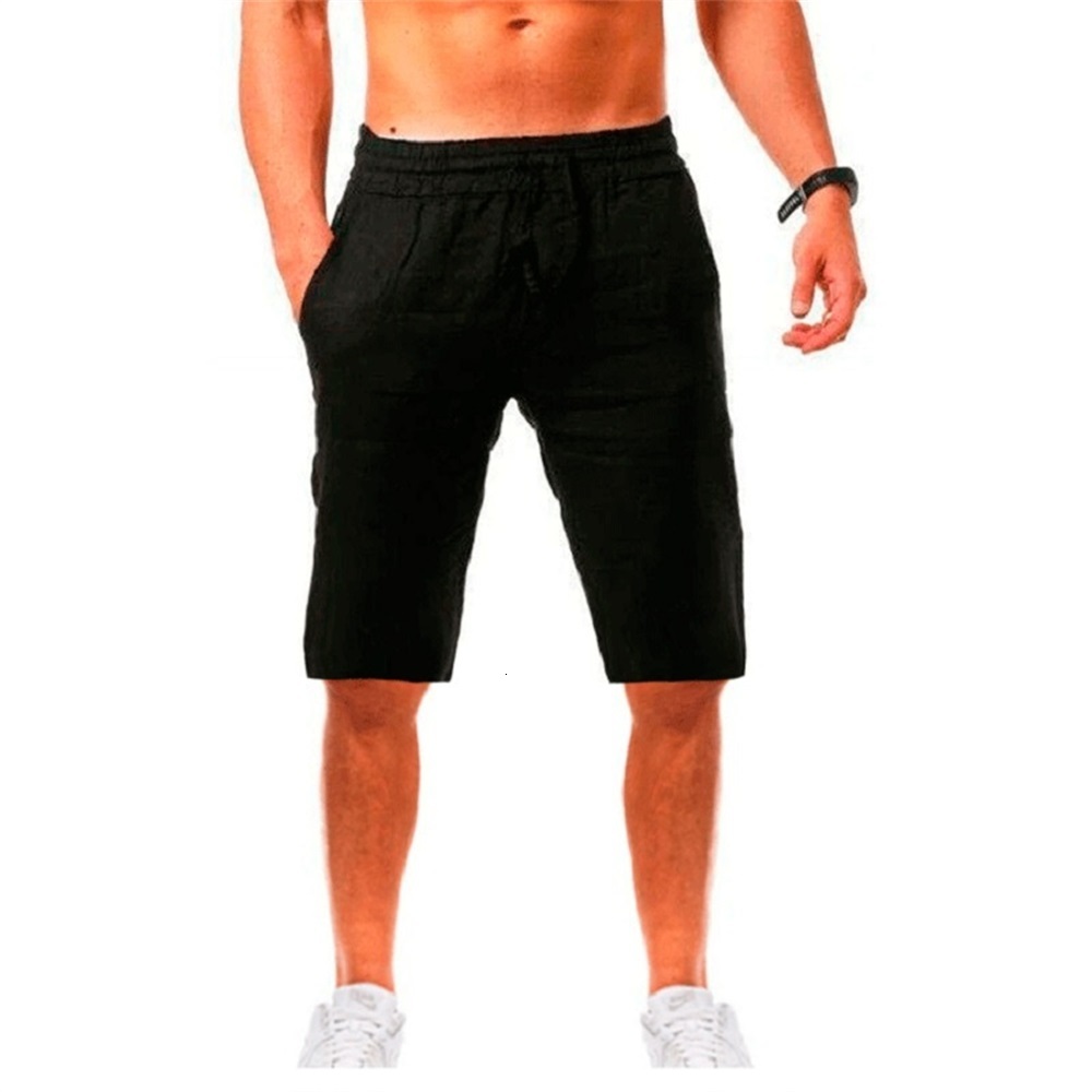 New Men's Cotton Shorts Pants Male Summer Breathable Solid Color En Trousers Fiess Streetwear Lace Up Bottoms