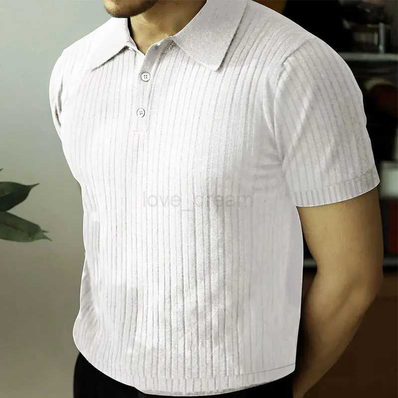2024 Summer Knit Mens Polo Shirt Business Casual Striped Lapel Short Sleeve Henry Shirt T-shirt Comfortable Mens ClothingXJ240920