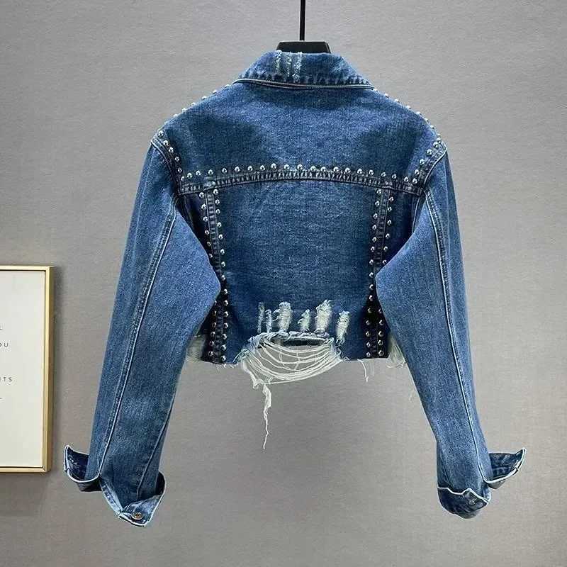 Denim Jackets with Heavy-duty Rivets Distressed Look and Beaded Nailhead Embellishments Fashionable JacketsX240920