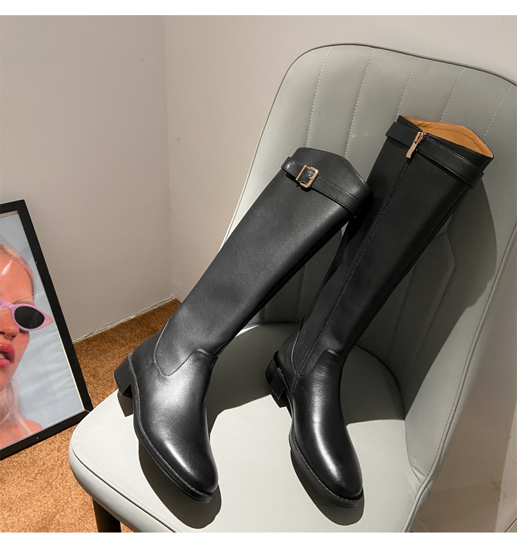 Women Low Heeled Knee High Autumn Winter New Design Soft Leather Knight Boots Fashion Round Toe Warm Botas De Mujer