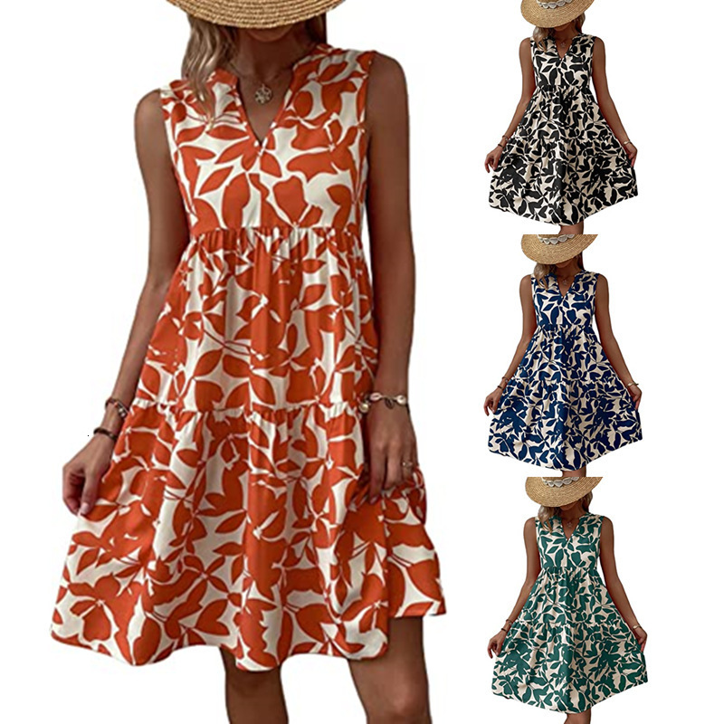 2024 Women's Summer Elegant Sleeveless V-Neck Pleated E Boho Print Mini Dress Casual Loose Oversized Beach Sundress