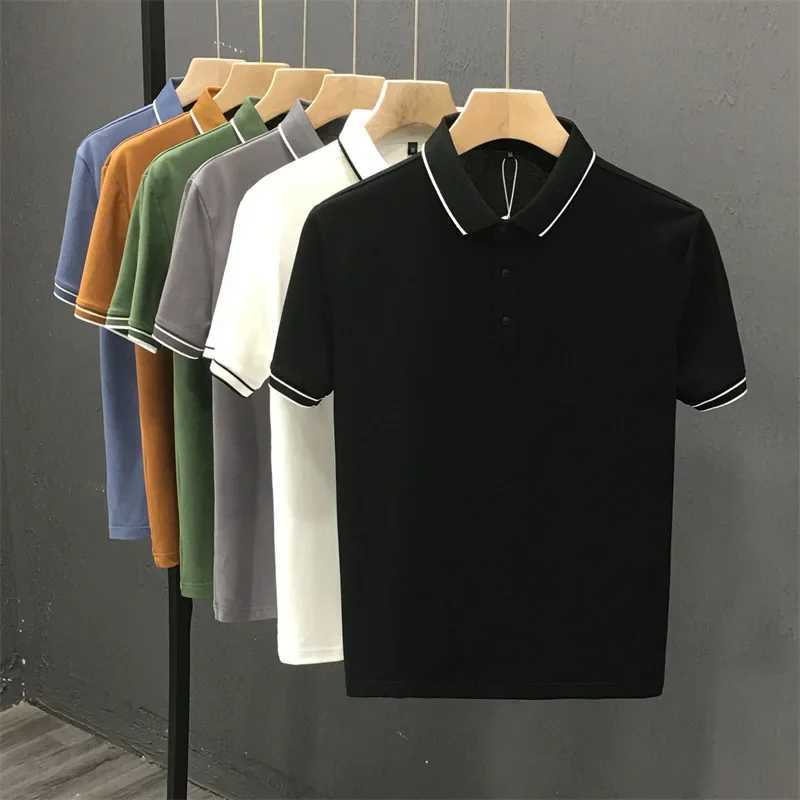 2023 New Summer Ice Silk Polo Shirt Mens Short Sleeves Business Fine Line Lapel T-shirt Top ServiceX240920
