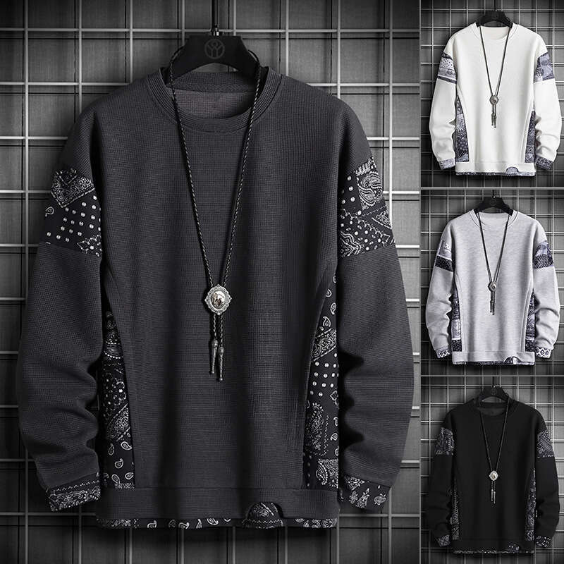 Sweatshirt Men's Plus Size Waffle Grid Contrasting Splicing Fake Two-Piece Notch Pullover Top Long Sleeved Base Shirt hoodies