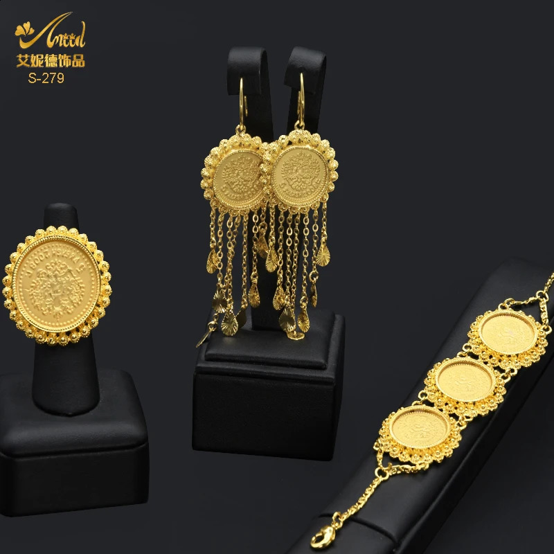 ANIID Dubai Gold Color Coin Necklace Bracelet Jewelry Sets For Women African Ethiopian Bridal Wedding Jewellery Gifts 240911