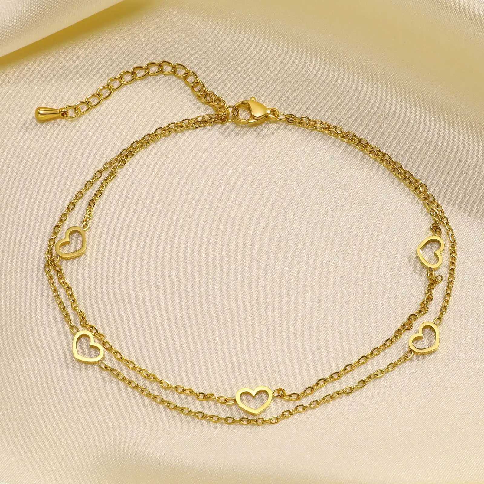 Funky Stainless Steel Bilayer Anklets Women Jewelry 18k Gold Plated Heart Anklets Banquet Party Ornaments Y240920