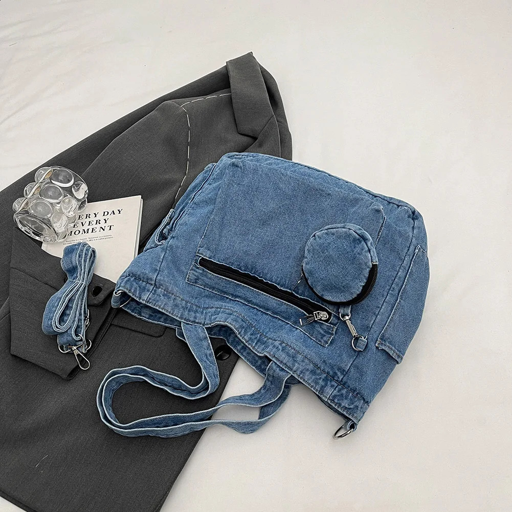 Womens denim shoulder bag with small wallet vintage fabric cross body large capacity travel messenger womens commuting 240919