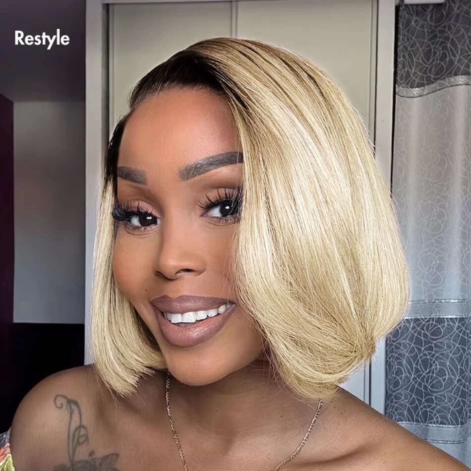 Put On & Go Blunt Cut Blonde Straight Bob Wigs Minimalist HD Lace Frontal Glueless Wig Human Hair Ready To Wear C Part