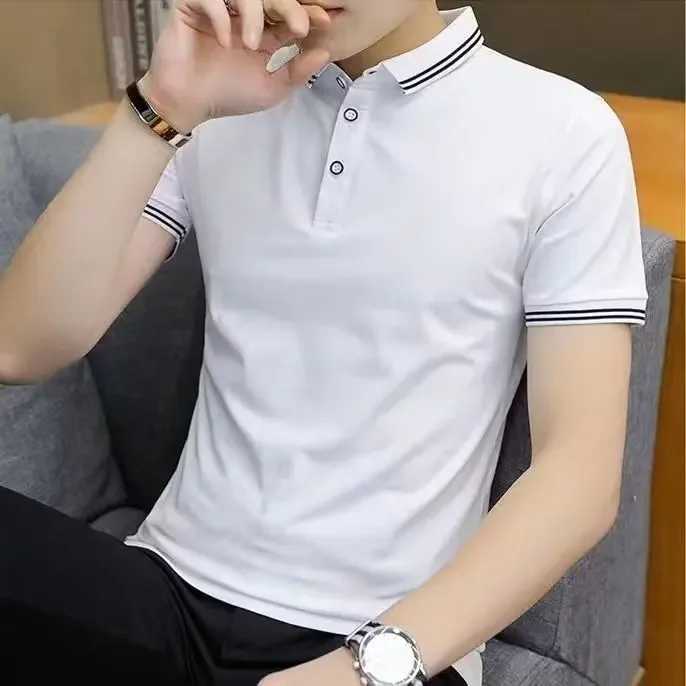 2024 New Mens Polo Shirt Summer Striped Lapel Short Sleeves Solid Color T-shirt Mens Loose Fit Casual ShirtX240920