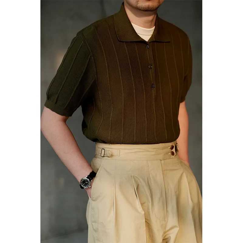 2023 Summer New Ice Silk Short Sleeve Polo Shirt Knit Mens Fashionable Striped Lapel T-shirt Men Casual StyleX240920