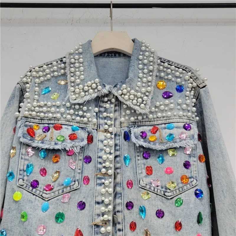 Spring Autumn Women Rainbow Diamonds Pearls Beaded Denim Jacket Rhinestones Rivets Short Jeans Cowboy Cardigan Sequined OutwearX240920