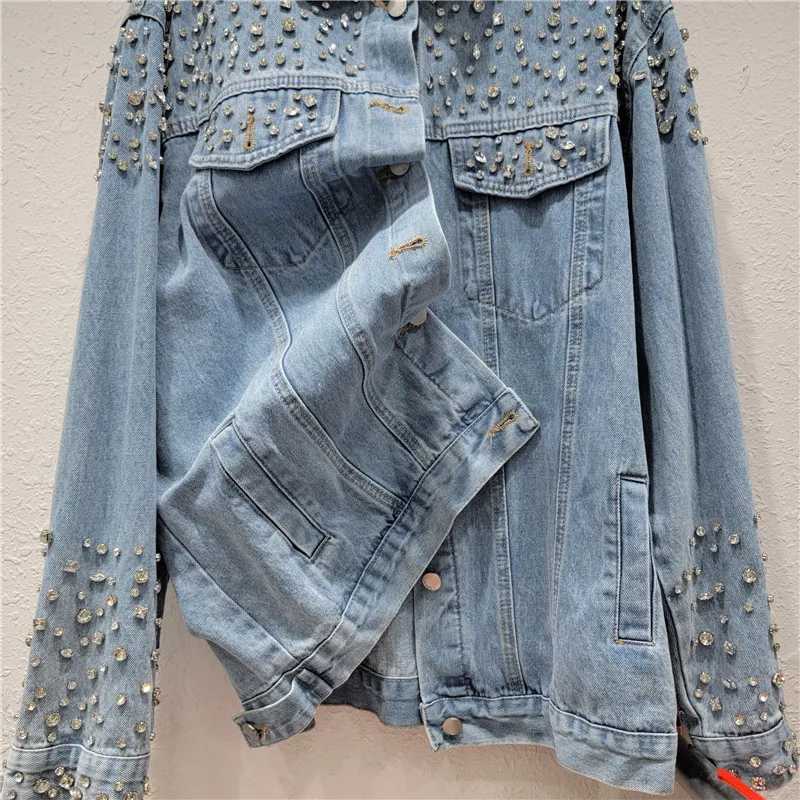 Women Diamonds Beaded Denim Jacket Retro Washed Crystal Jeans Coat Long Sleeved Rhinestones Cowboy Cardigan Single Breasted TopsX240920