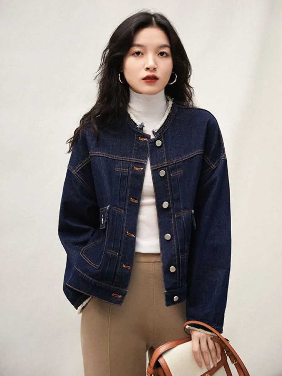 Women Retro Short Denim Jacket 2024 Deep Blue Spring Autumn Rough Edge Casual Long Sleeved Single Breasted Streetwear TopX240920