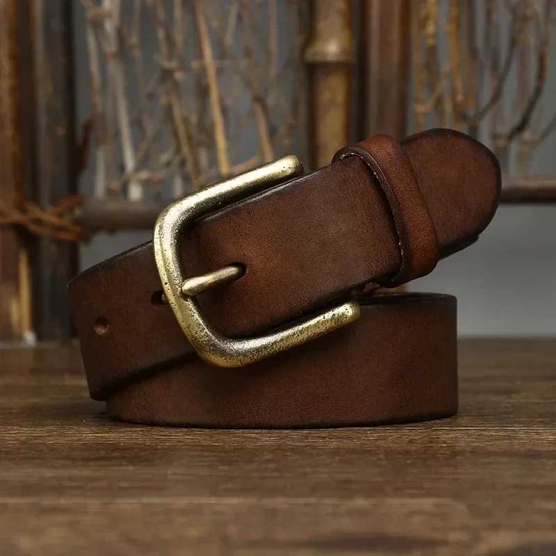 3.3CM genuine leather belt mens luxury belt mens fashion pure denim copper buckle wild classic retro pin buckle high quality W240920