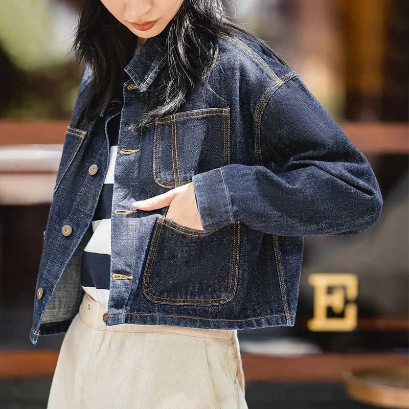 Maden Womens Short Jeans Jacket 14 oz Vintage Denim Coats Lapel Collar Loose Female Jackets Jeans Blue Streetwear 2022 NewX240920