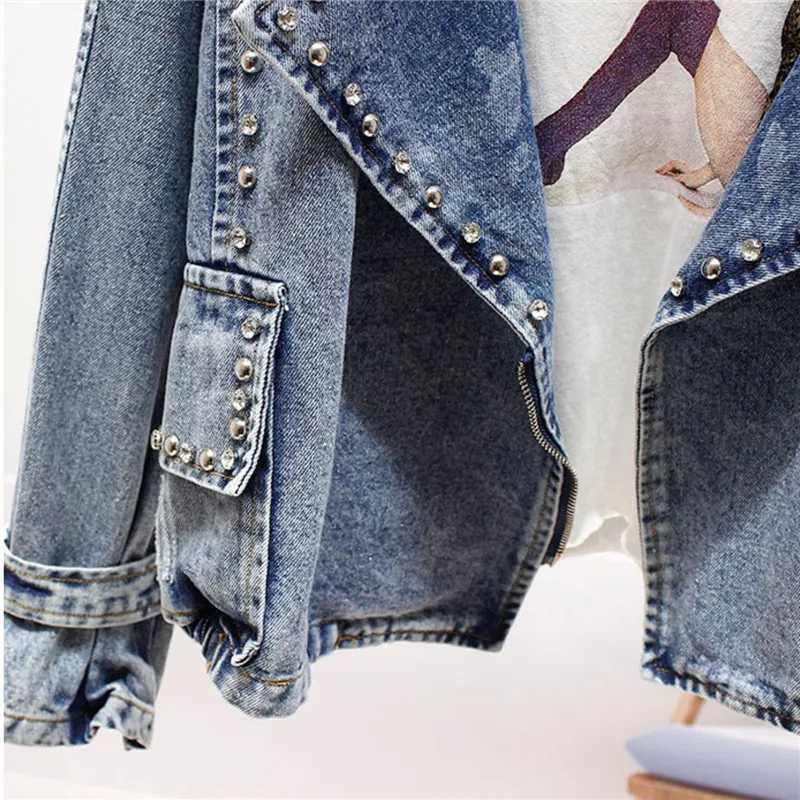 Vintage Black Denim Jacket Rivets Boyfriend Casual Jeans Outerwear Denim Coat Ladies Beads Loose Short High Street Jeans JacketsX240920