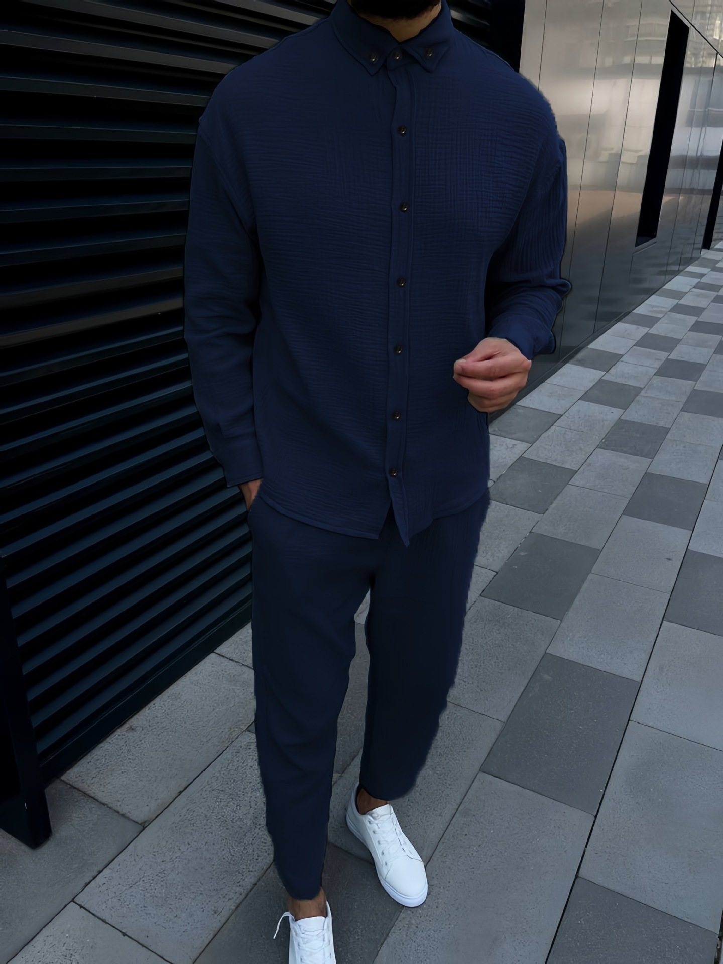 2024 Autumn men's wrinkly bubble leisure long sleeve fashion high street slim pants foreign trade two-piece set