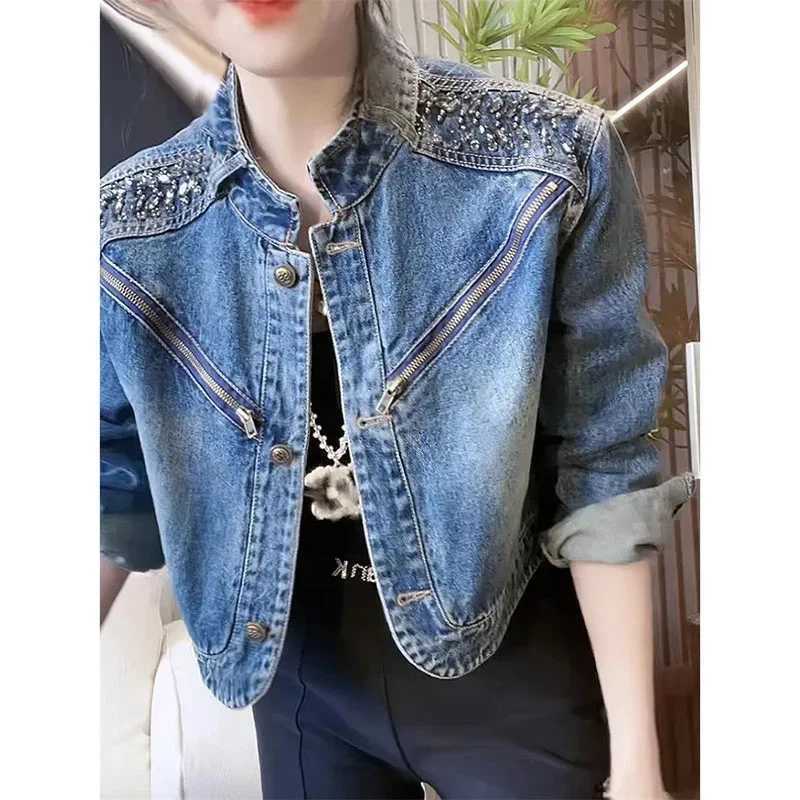 Short Cowgirl Coat Diamond-Encrusted 2024 Women New Denim Jackets Outwear Fashion Spring Autumn Zipper Denim Jacket Female CoatsX240920